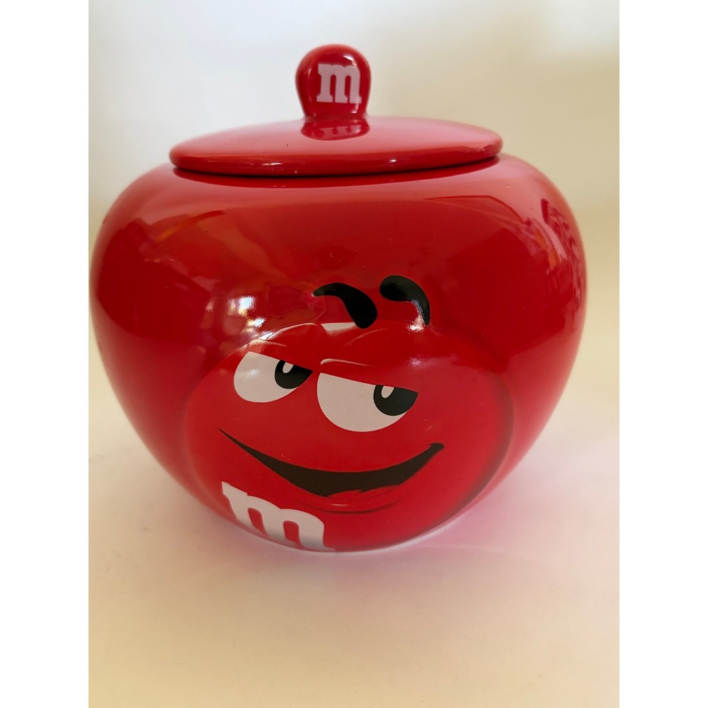M&Ms Red Ceramic Canister Candy Jar Logo Lid 2008 Whimsy